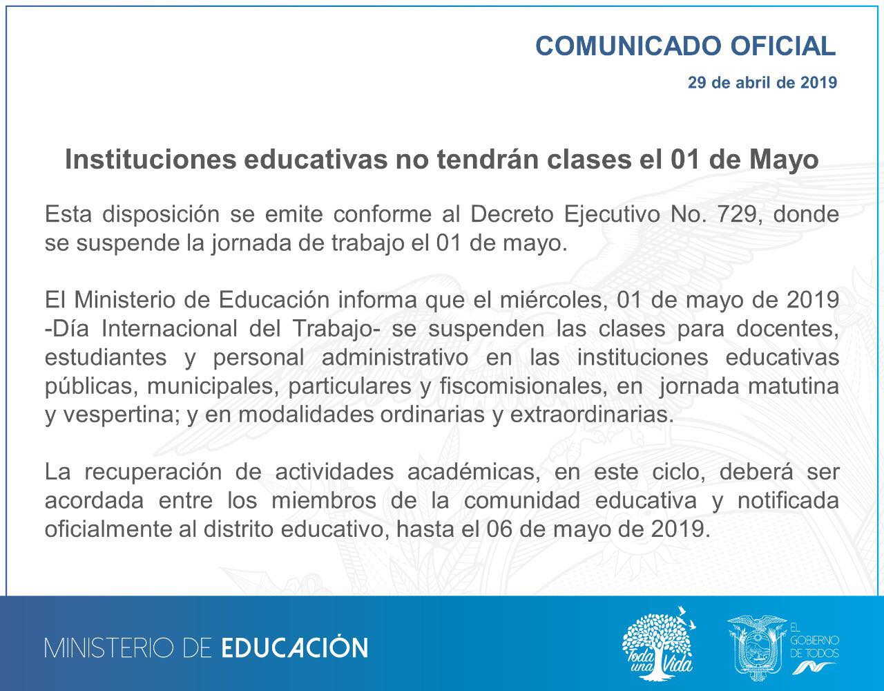 Suspensión de Clases el 01 de Mayo